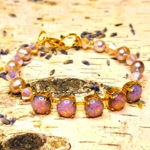 Pink Fire Opal Glass & Rose Opal AB Crystal Beads In Gold Plated Bracelet